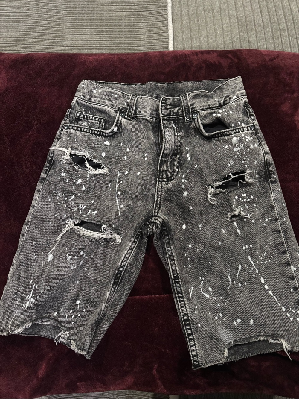 Zara Black Washed Distressed Paint-Splatter Denim Shorts